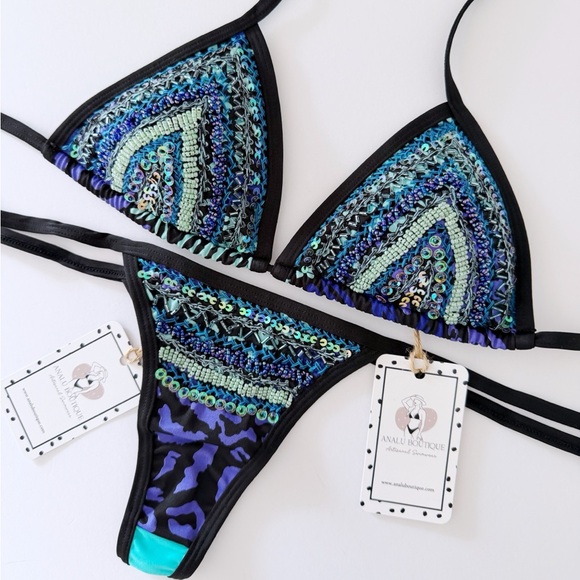 NWT Sexy Blue Black Beaded Embroidered Bikini Set Made in Colombia